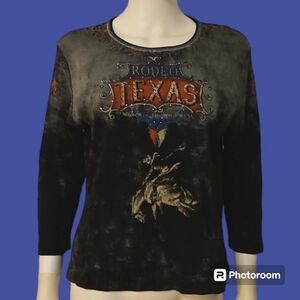 CACTUS Y2k Black Bedazzled Graphic Rodeo Texas Three Quarter Sleeve Top